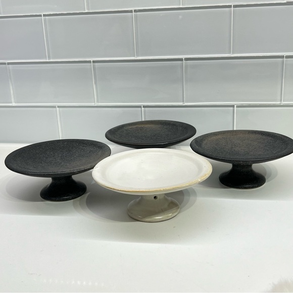 Stoneware Pedestal Mini Dessert Cake Holder/ Pottery Bowl Set of 4 - Picture 3 of 8